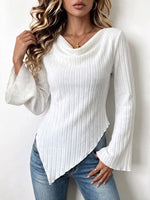 Ribbed Cowl-neck Knit Top With Asymmetric Hem And Flared Sleeves
