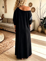Chic Denim Patchwork Off-Shoulder Maxi Dress
