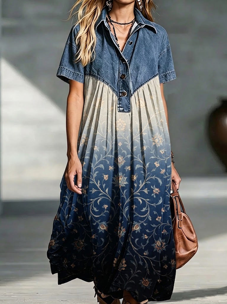Denim Spliced Gradient Floral Shirt Maxi Dress