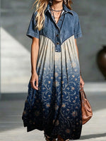 Denim Spliced Gradient Floral Shirt Maxi Dress