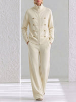Women's Solid Color Stand Collar Long Sleeve Casual Loose Knit Top And High Waist Wide Leg Pants Knit Set