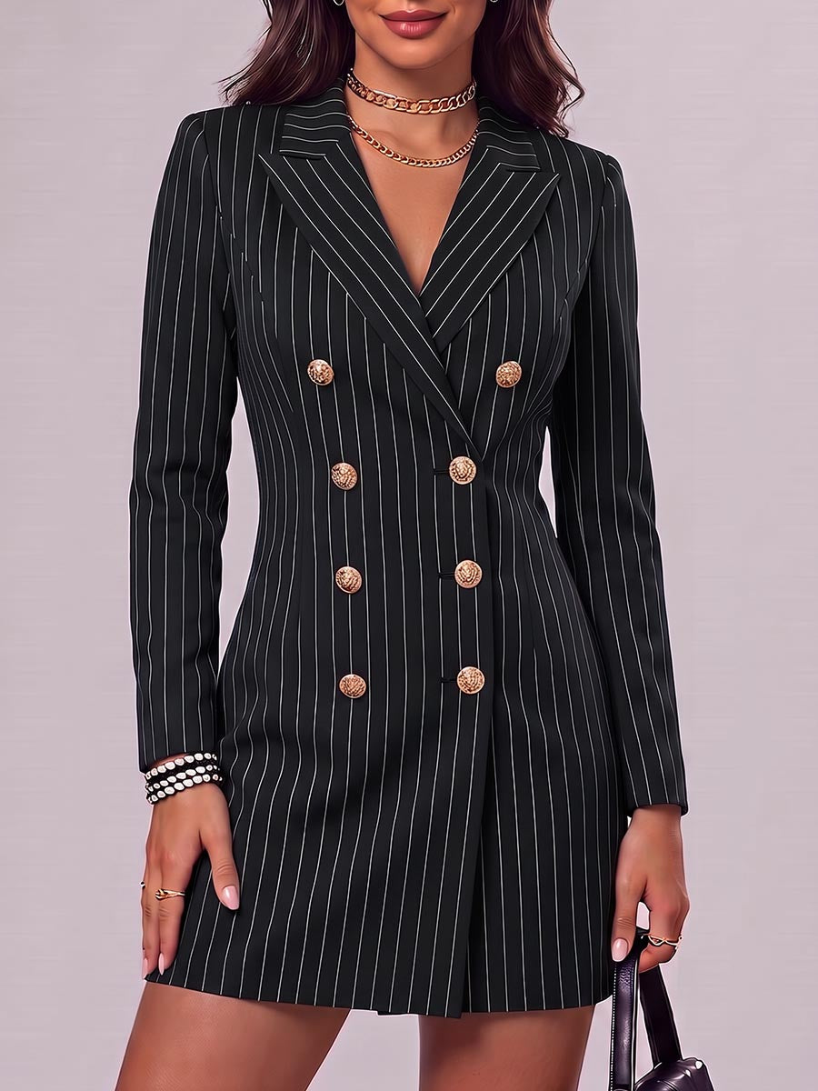 Women's Striped Printed Lapel Long-sleeved Casual Slim-fit Suit Dress