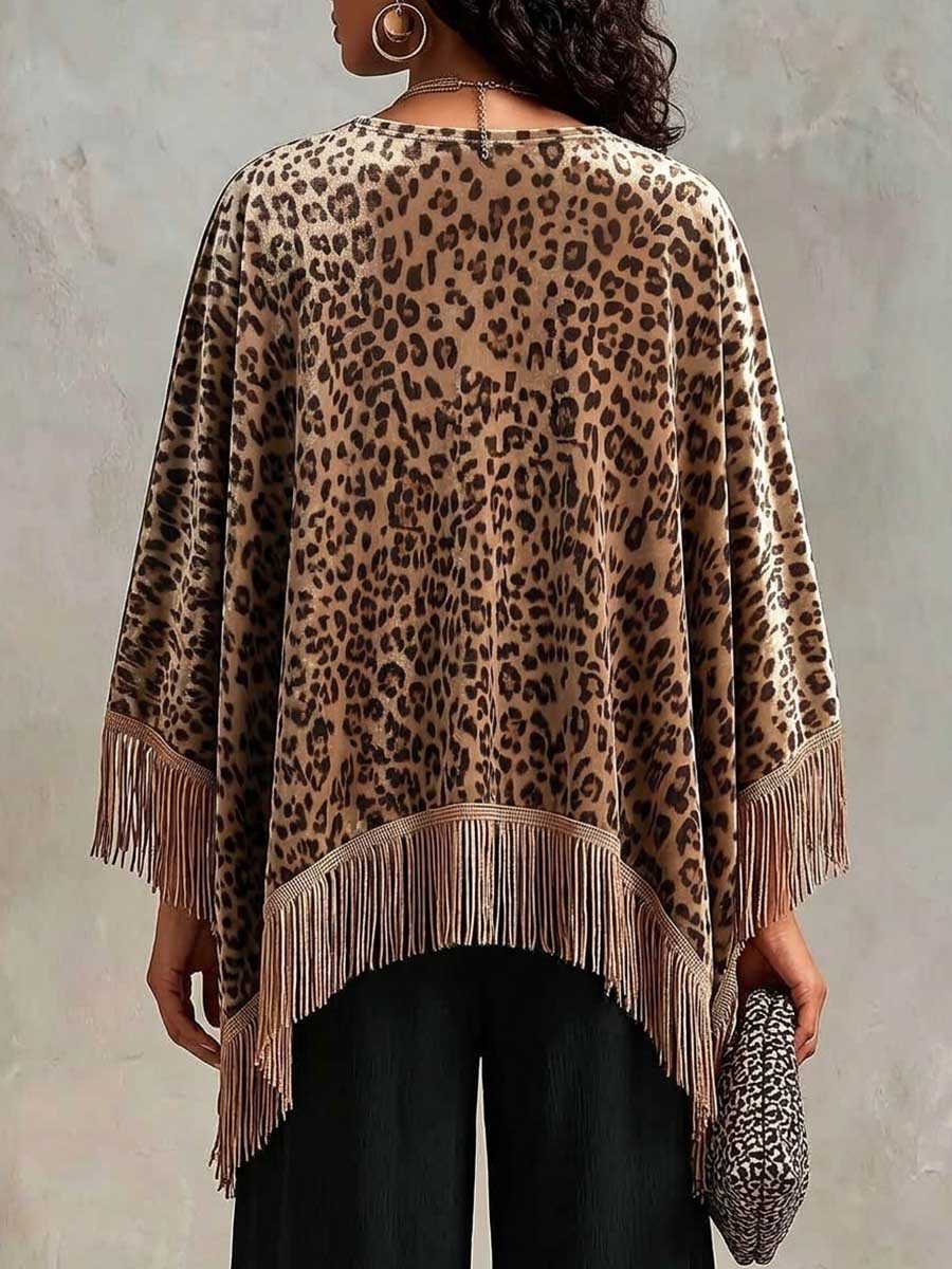 Women's Leopard Print Velvet Top – Crew Neck, Long Batwing Sleeves, Loose Fit, Tassel Detail