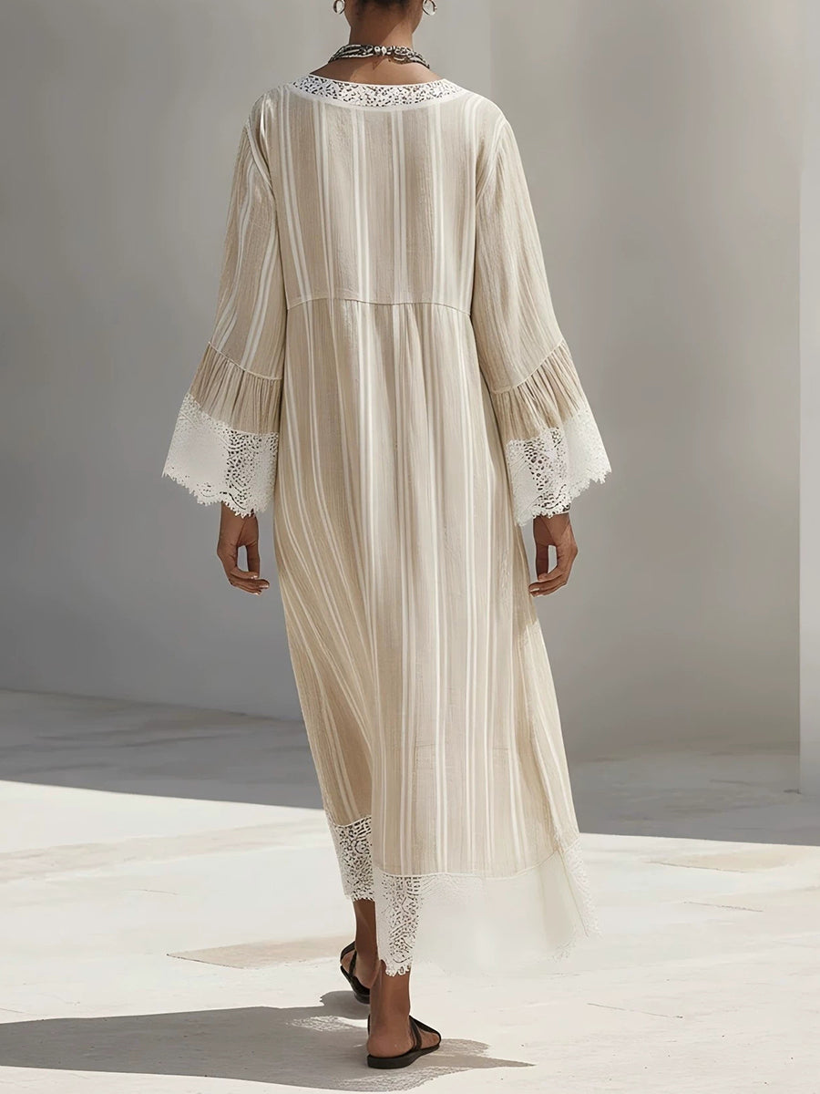Loose-fit, Cozy Striped Linen-cotton Dress With Lace Paneling