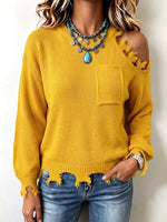 Distressed Frayed One‑side Cold‑shoulder Knit Sweater