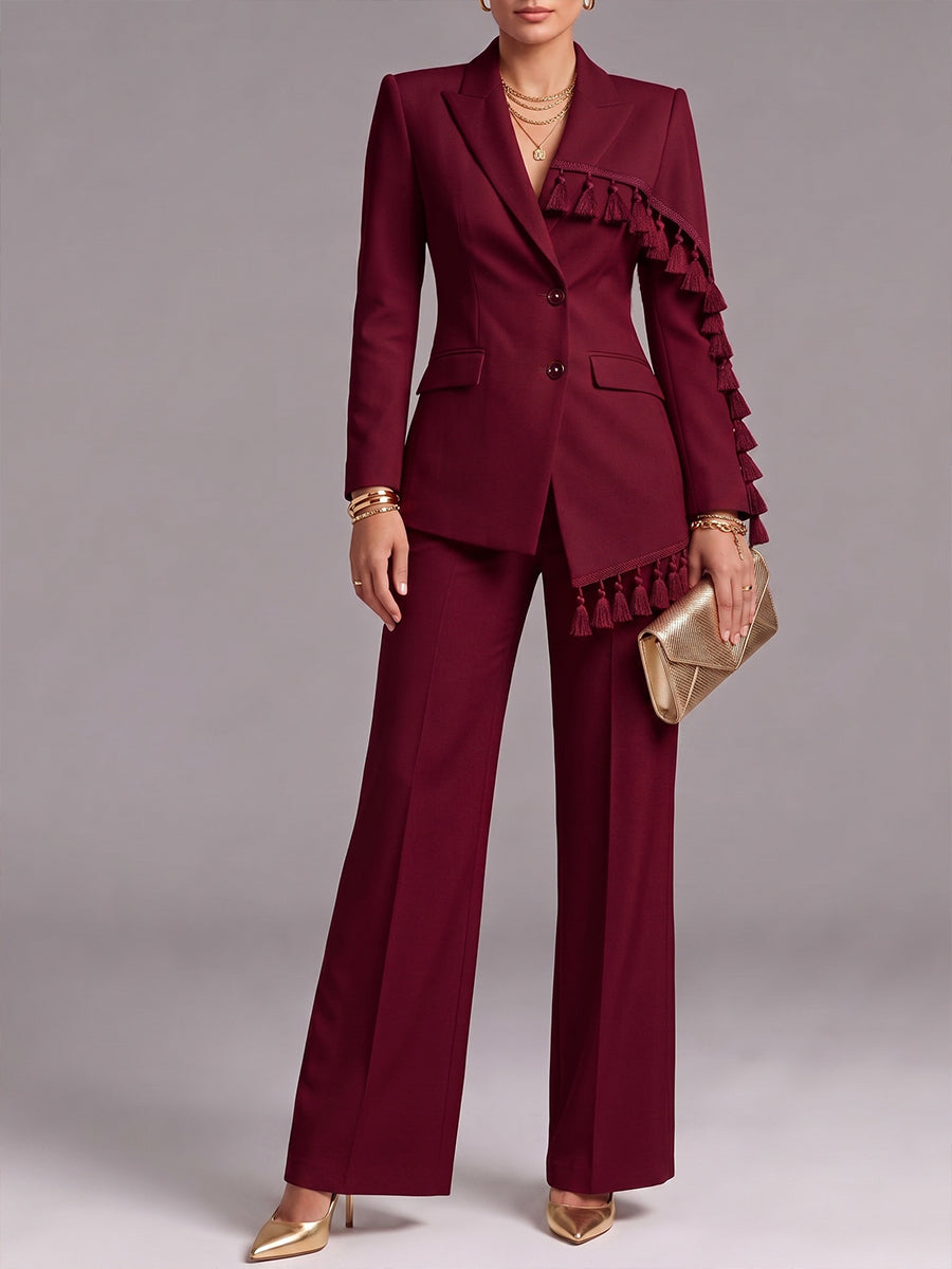 Elegant Burgundy Tassel-Trimmed Blazer