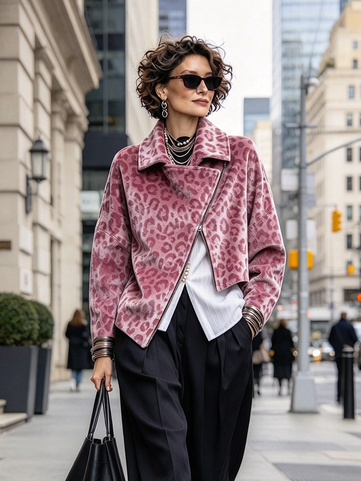 Asymmetric Zipper Pink Leopard Print Velvet Jacket