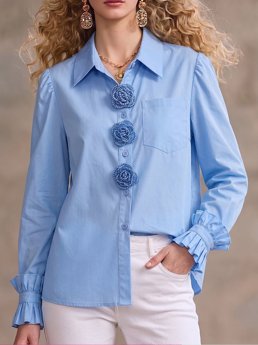 Casual Cotton Shirt With Beaded Floral Embellishment