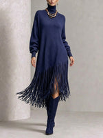 Turtleneck Diagonal Fringe Oversized Knit Midi Dress