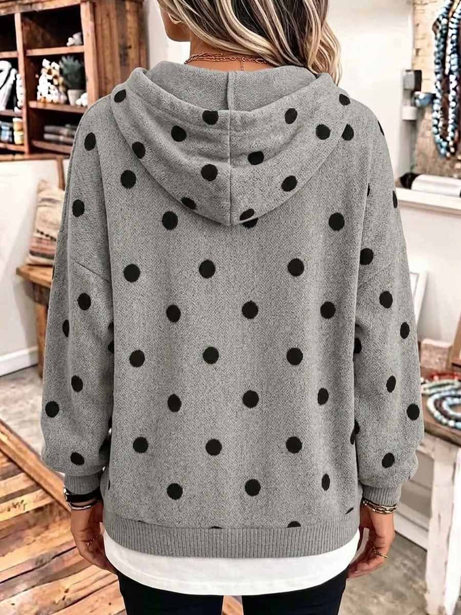 Women's Long-sleeve Casual Loose Polka-dot Print Hooded Top With Collar