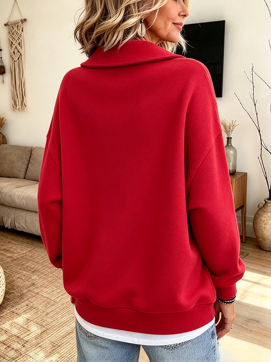 Casual Vibrant Red Fold-over Collar Sweatshirt