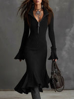 Women's Solid Color Collared Long Sleeve Casual Loose Knit Dress