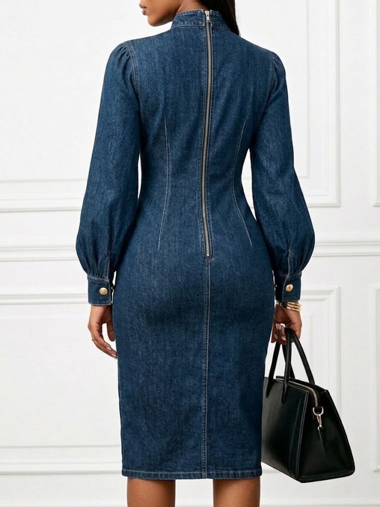 Stylish Slim-fit Midi Denim Skirt With Gold Button Detail And Mock Neck