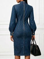 Stylish Slim-fit Midi Denim Skirt With Gold Button Detail And Mock Neck
