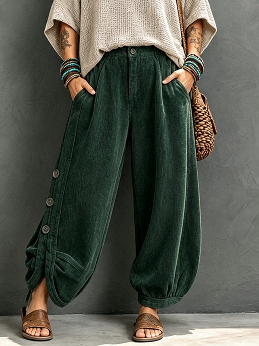 Casual Corduroy Harem Pants With Button Detail