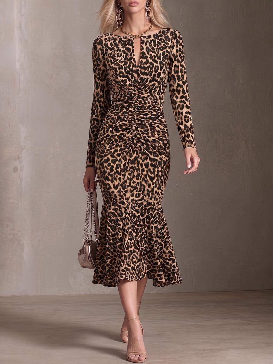 Women's Leopard Print Boat Neck Long Sleeve Casual Loose Bodycon Dress