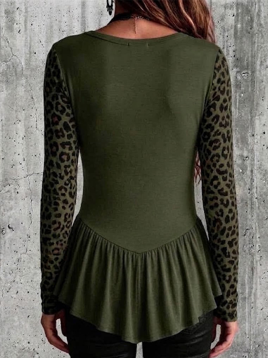 Leopard Print Spliced V-neck Peplum Long Sleeve Top