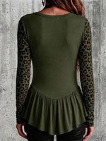 Leopard Print Spliced V-neck Peplum Long Sleeve Top