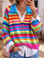 Women's Colorful Rainbow Striped V-neck Polo Sweater