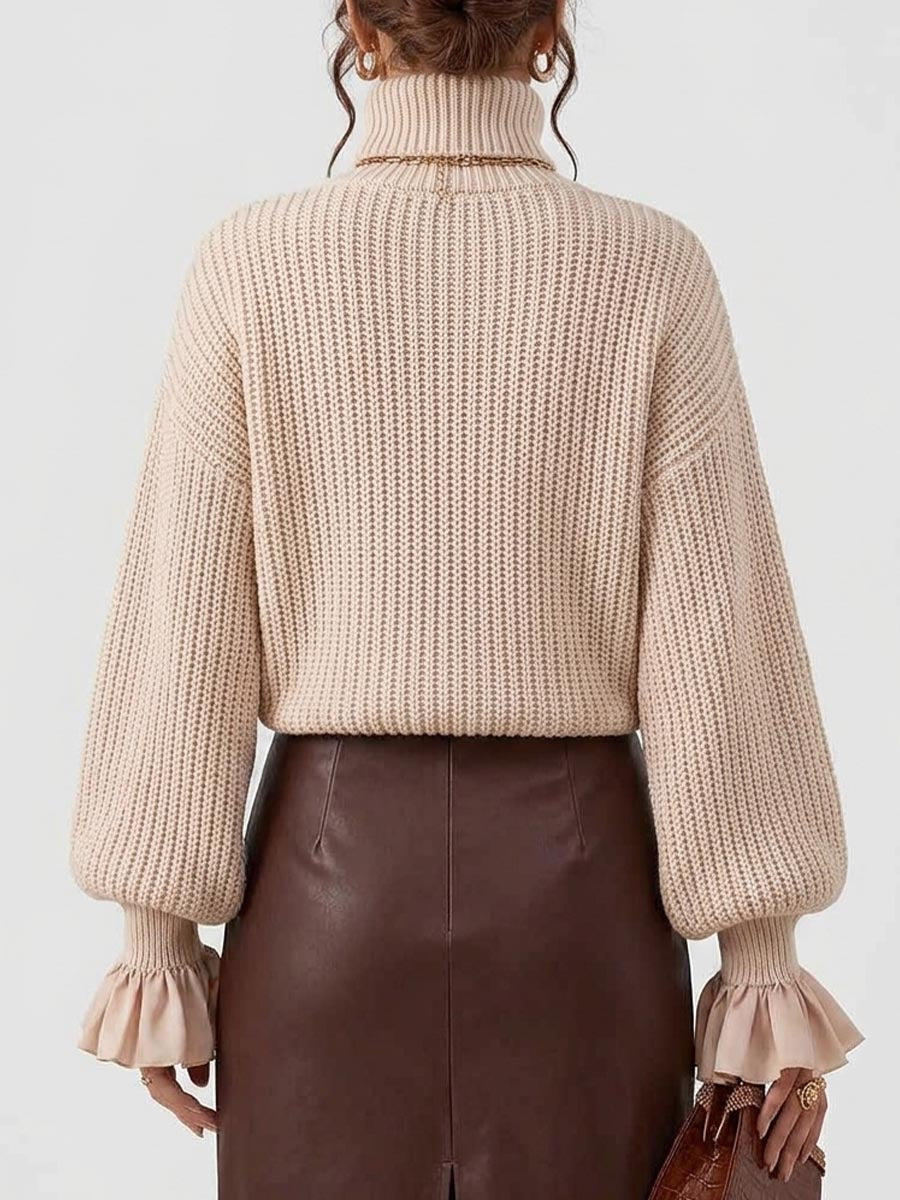 Women's Solid Color High Neck Long Sleeve Casual Loose Knitted Pullover