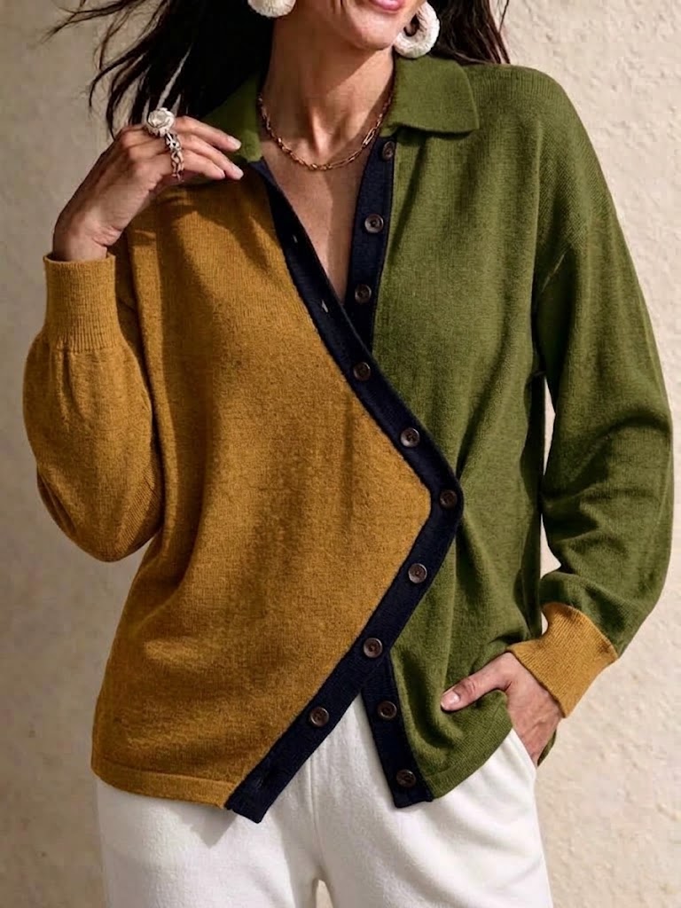 Color-block Loose-fit Knit Cardigan Featuring An Asymmetrical Button Closure, A Lapel Collar, And A Diagonal Front Opening