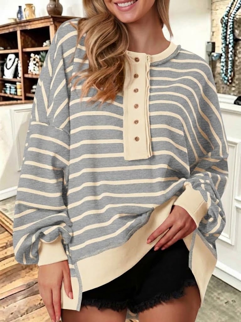 Color-block Loose Casual Long-sleeve Striped Button-up Sweatercolor-block Loose Casual Long-sleeve Striped Button-up Sweatercolor-block Loose Casual Long-sleeve Striped Button-up Sweater