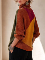 Boho-style Cozy Color-block Turtleneck Sweater