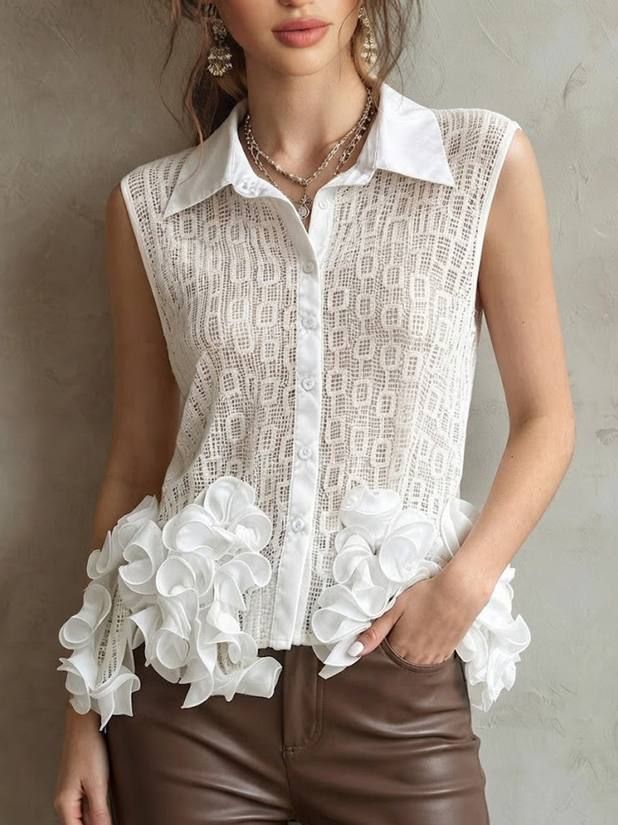 Lapel Button Front Hollow 3d Floral Sleeveless Lace Blouse