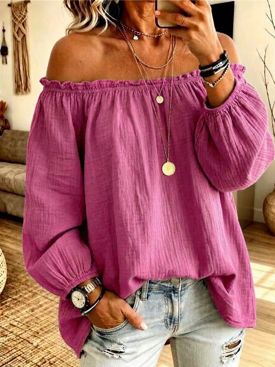 Women's Solid Color Off-shoulder Long-sleeved Casual Loose Cotton And Linen Top