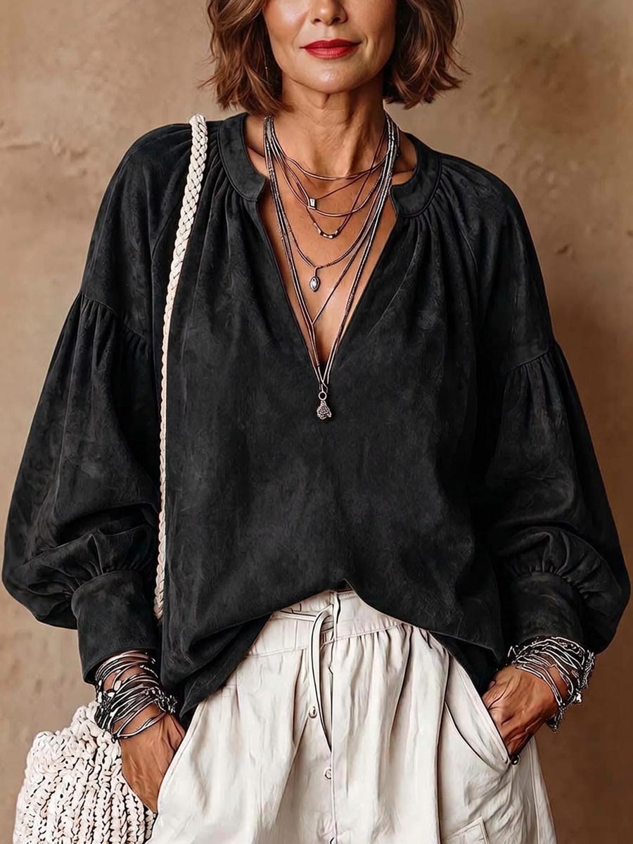 Women's Solid Color V-neck Long-sleeve Loose-fit Suede Pullover Top