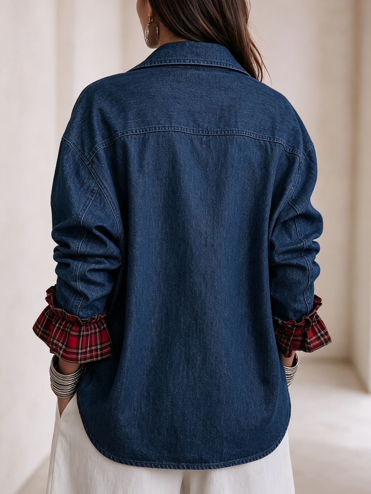 Lapel Collar Plaid‑lined Asymmetric‑hem Denim Jacket