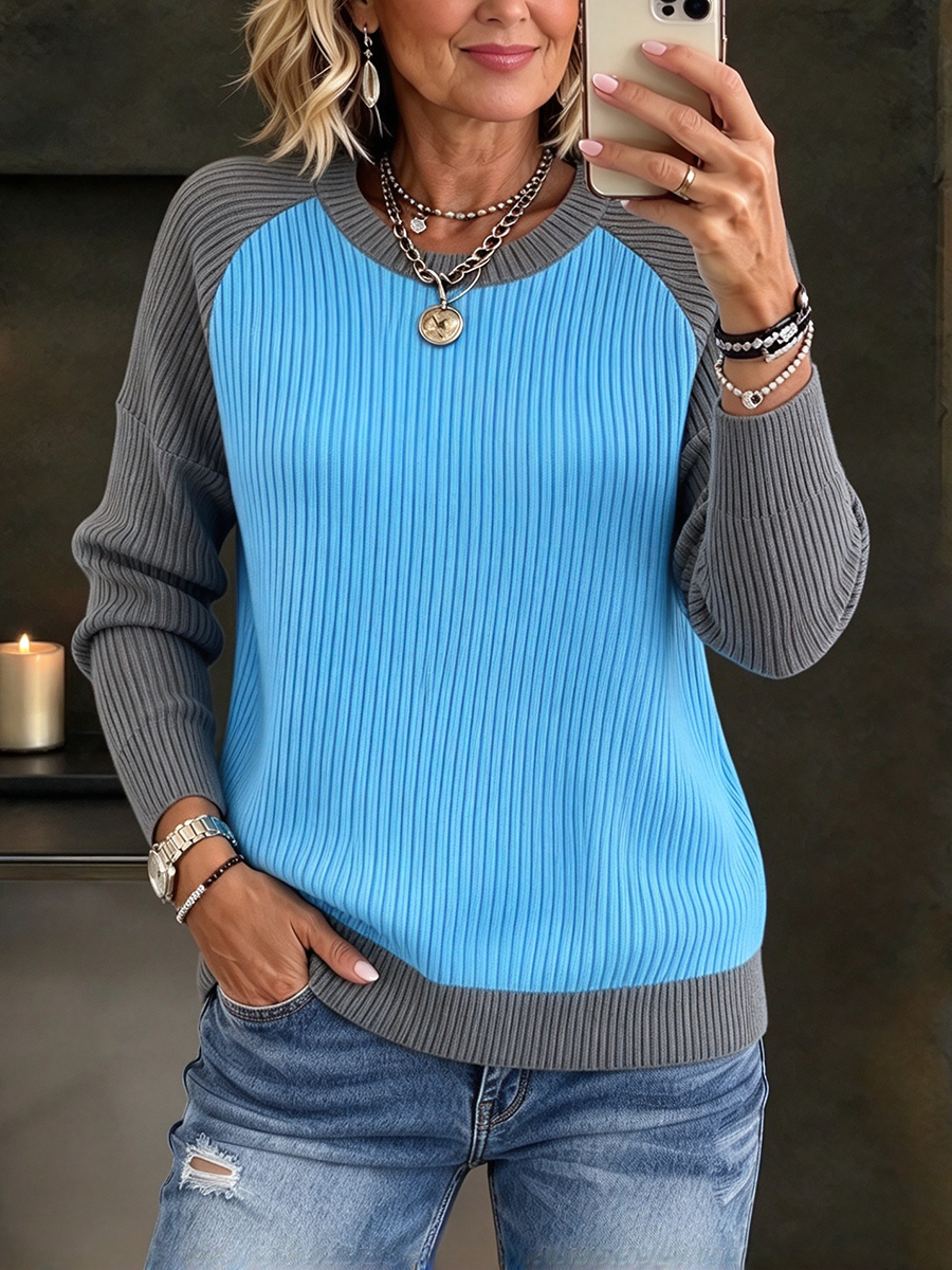 Casual Colorblock Ribbed Knit Sweater Top