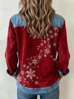 Women's Christmas Snowflake Print Top With Denim Accents
