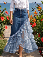 Elegant And Romantic Paneled Lace-and-denim Skirt
