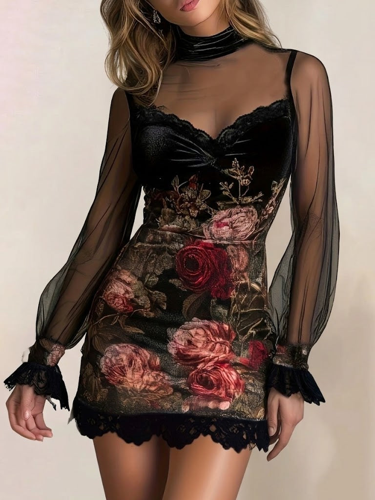 Floral Print Slim-fit Mini Dress With Mesh Paneling