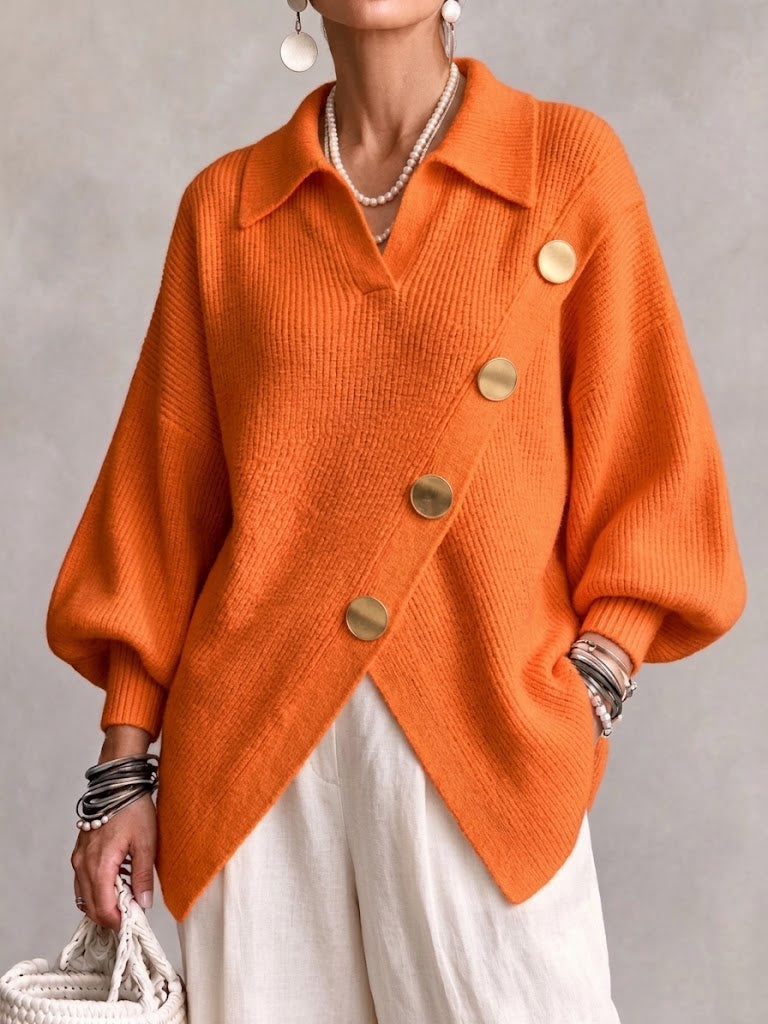 Asymmetric Button-front Knit Top With Lantern Sleeves
