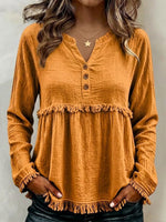 Long-sleeve Cotton-linen Blend Babydoll Top With Wooden Buttons, Tassels, And Ruffles
