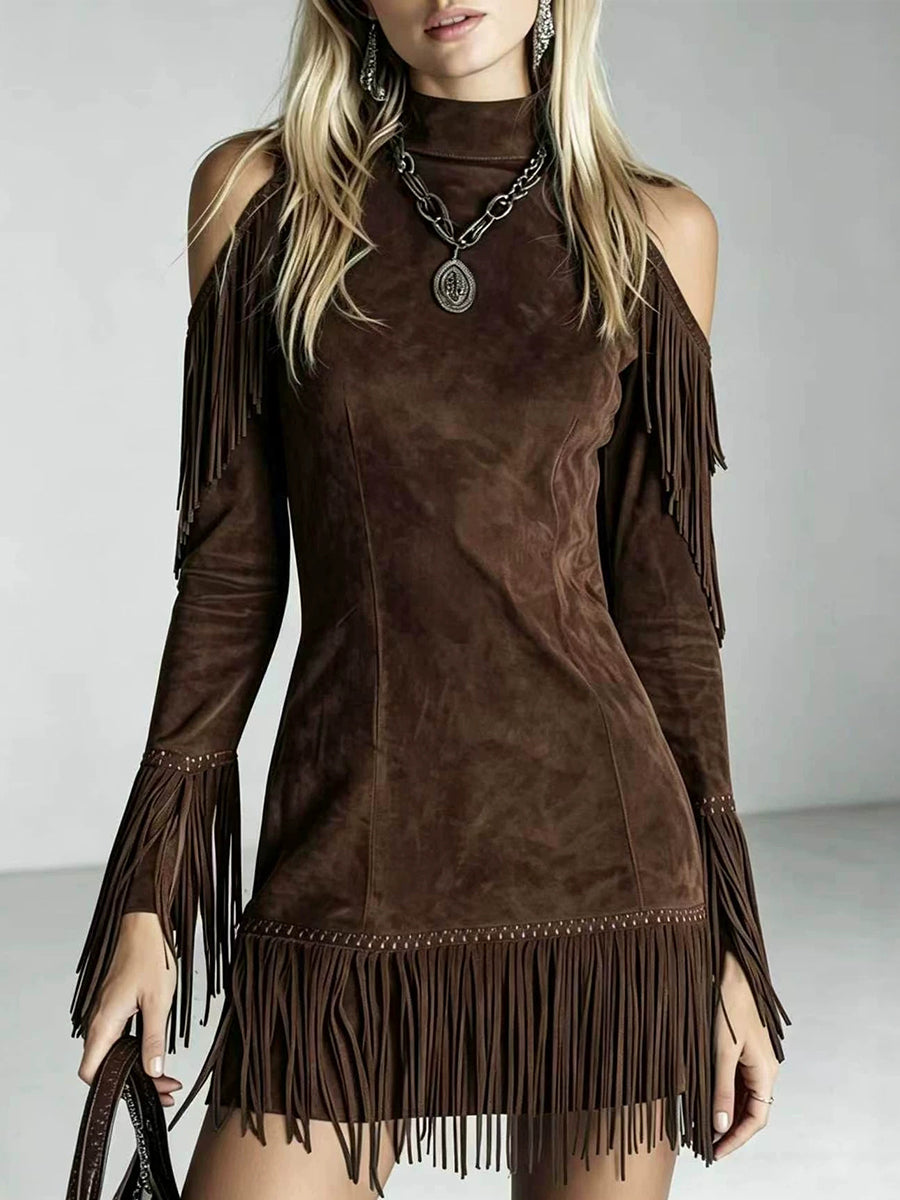 Striking Emerald Faux Suede Cold-Shoulder Fringe Dress