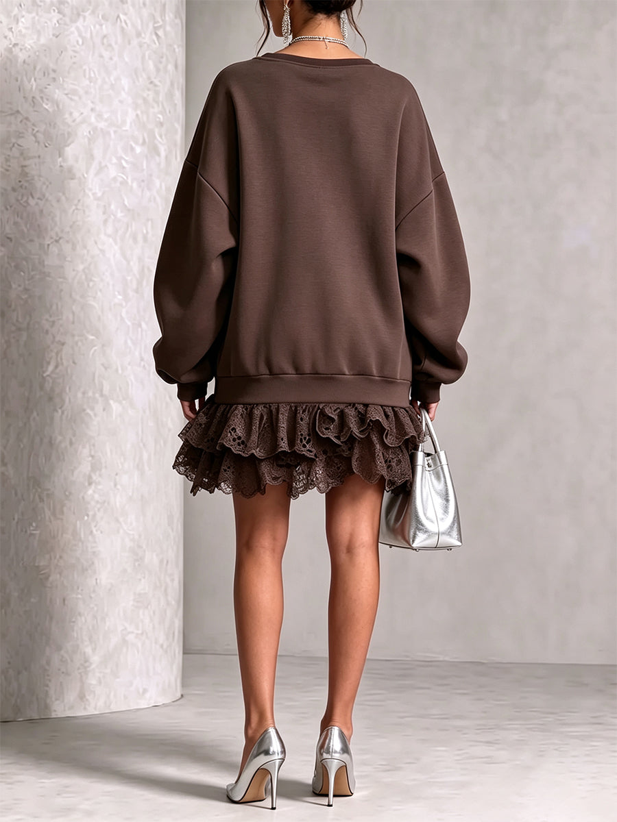Chic Oversize V-Neck Lace-Trimmed Sweatshirt Mini Dress