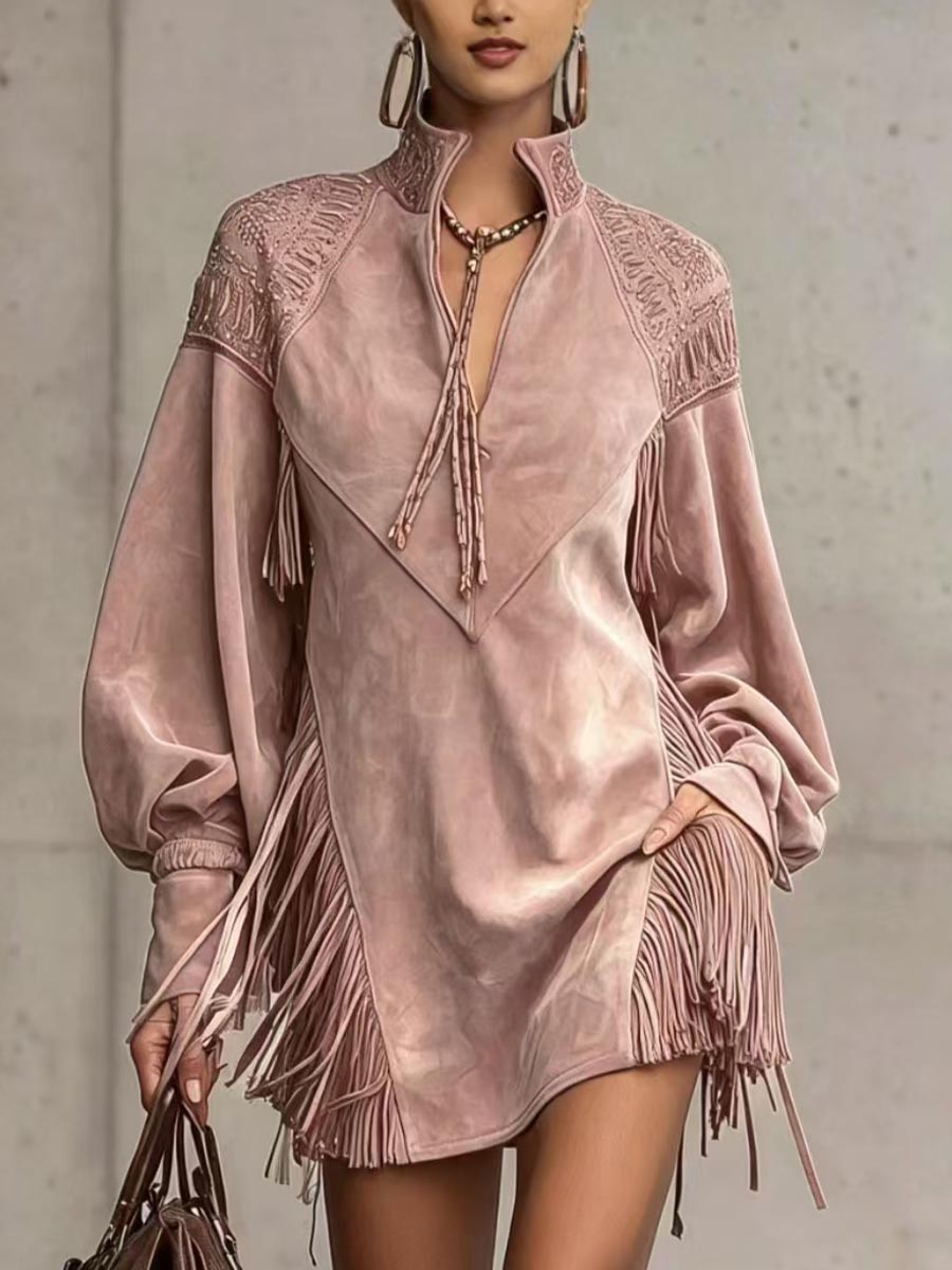 Bohemian V-Neck Fringe Trim Long Sleeve Tunic Dress