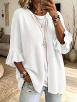 Solid-color, Loose-fit, Casual Knit Cardigan With Three-quarter Sleeves