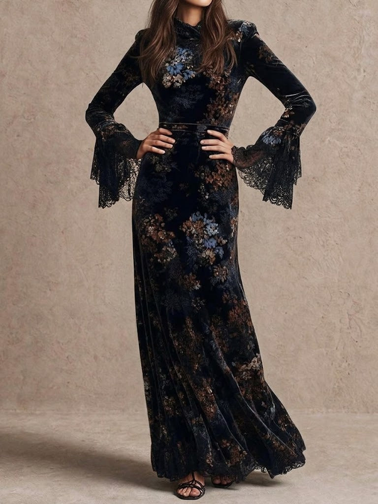 Vintage Velvet Floral Print Lace Flare Sleeve Maxi Dress