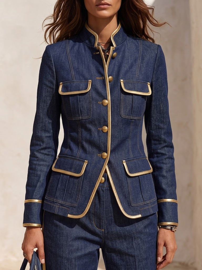 Refined Casual Denim Jacket With Gold Trim