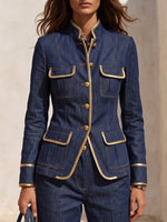 Refined Casual Denim Jacket With Gold Trim