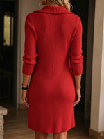 Chic Crimson Red Floral Accented Ribbed Knit Midi Dress