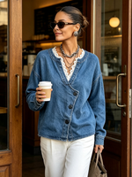 Chic Denim Wrap-front Top With Lace Trim